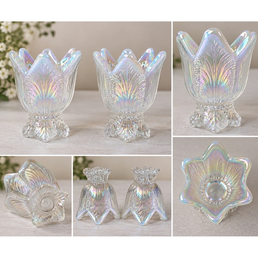 Fenton Votive Candle Holders Iridescent Feather Tulip Carnival Glass Set of 2